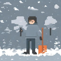 Create a pixel art image featuring a person wearing a grey sweater and holding a snow shovel