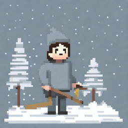 Create a pixel art image featuring a person wearing a grey sweater and holding a snow shovel