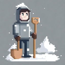 Create a pixel art image featuring a person wearing a grey sweater and holding a snow shovel