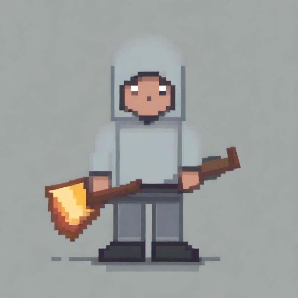 Create a pixel art image featuring a person wearing a gray hoodie and holding a shovel on a white background