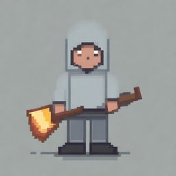 Create a pixel art image featuring a person wearing a gray hoodie and holding a shovel on a white background