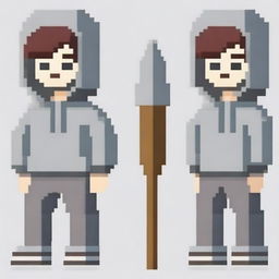 Create a pixel art image featuring a person wearing a gray hoodie and holding a shovel on a white background