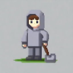 Create a pixel art image featuring a person wearing a gray hoodie and holding a shovel on a white background