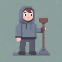 Create a pixel art image featuring a person wearing a gray hoodie and holding a shovel on a white background