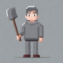 Create a full-body pixel art image of a person wearing a grey sweater, holding a shovel in their hands