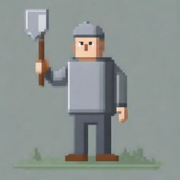 Create a full-body pixel art image of a person wearing a grey sweater, holding a shovel in their hands