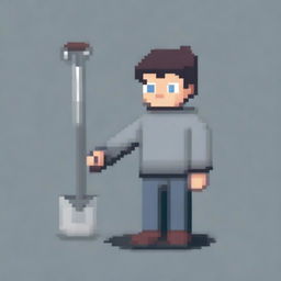 Create a full-body pixel art image of a person wearing a grey sweater, holding a shovel in their hands