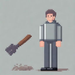 Create a full-body pixel art image of a person wearing a grey sweater, holding a shovel in their hands