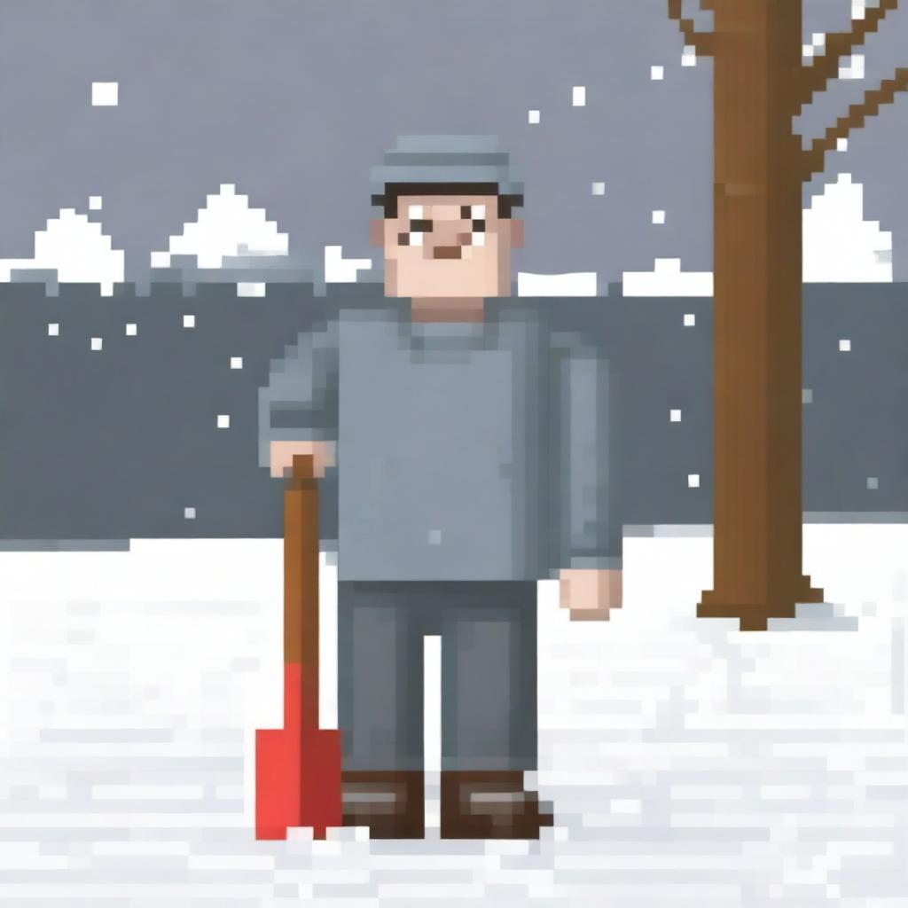 Create a full-body pixel art image of a man wearing a grey sweater and holding a snow shovel