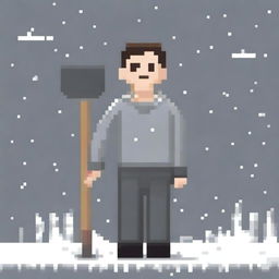 Create a full-body pixel art image of a man wearing a grey sweater and holding a snow shovel