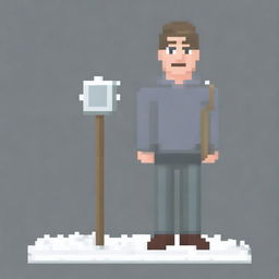 Create a full-body pixel art image of a man wearing a grey sweater and holding a snow shovel