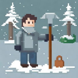 Create a full-body pixel art image of a man wearing a grey sweater and holding a snow shovel