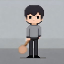 Create a pixel art image featuring a person wearing a grey sweater and black pants, holding a shovel in their hands