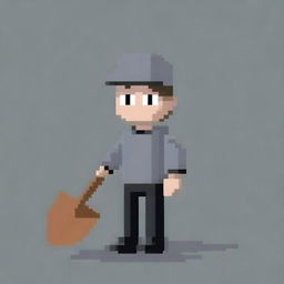 Create a pixel art image featuring a person wearing a grey sweater and black pants, holding a shovel in their hands