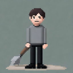 Create a pixel art image featuring a person wearing a grey sweater and black pants, holding a shovel in their hands