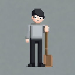 Create a pixel art image featuring a person wearing a grey sweater and black pants, holding a shovel in their hands