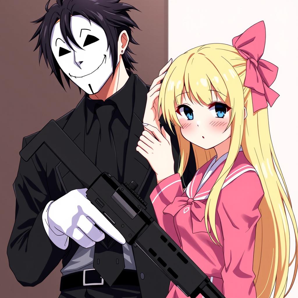 An anime-style image of a man with a white mask featuring a smile, black hair, a black costume, and a black tie