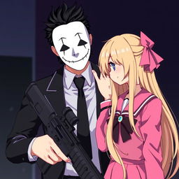 An anime-style image of a man with a white mask featuring a smile, black hair, a black costume, and a black tie