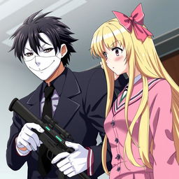 An anime-style image of a man with a white mask featuring a smile, black hair, a black costume, and a black tie