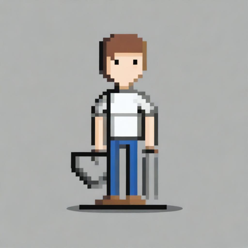 Create a pixel art image of a person holding a shovel on a white background