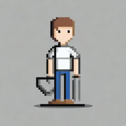 Create a pixel art image of a person holding a shovel on a white background