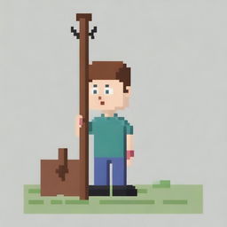 Create a pixel art image of a person holding a shovel on a white background