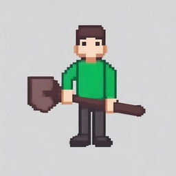 Create a pixel art image of a person holding a shovel on a white background