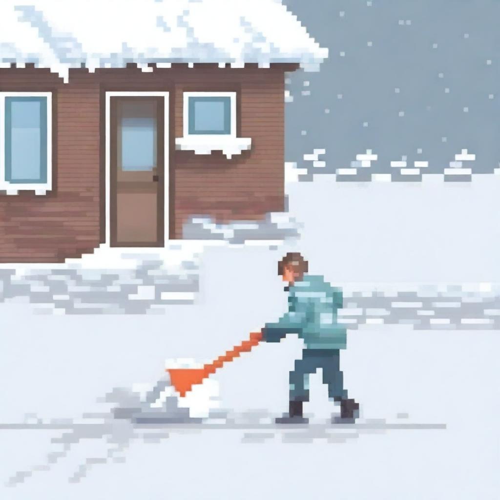 Create a pixel art image featuring a man shoveling snow on a white background