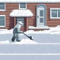 Create a pixel art image featuring a man shoveling snow on a white background