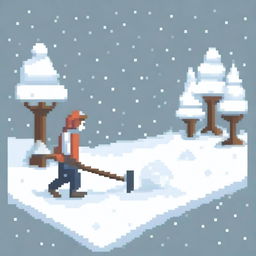 Create a pixel art image featuring a man shoveling snow on a white background