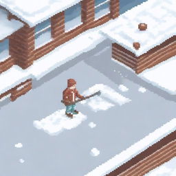 Create a pixel art image featuring a man shoveling snow on a white background