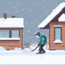 Create a pixel art image of a man shoveling snow, viewed from the front, on a white background