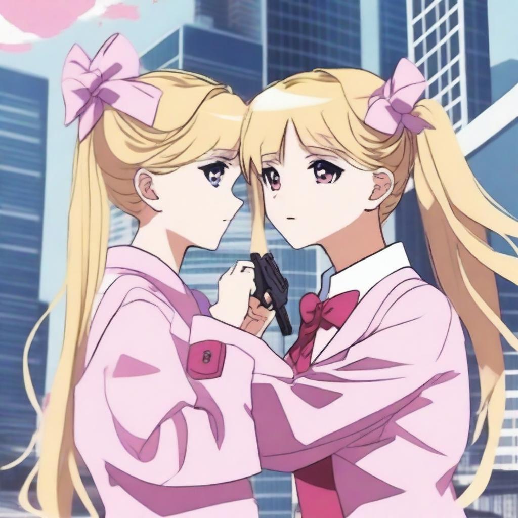 An anime-style image of Sniper Mask from High-Rise Invasion patting a girl with long blond hair
