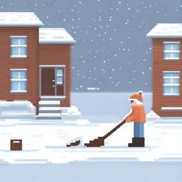 Create a pixel art image of a man shoveling snow, viewed from the front, on a white background