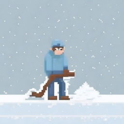 Create a pixel art image of a man shoveling snow, viewed from the front, on a white background