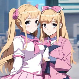 An anime-style image of Sniper Mask from High-Rise Invasion patting a girl with long blond hair