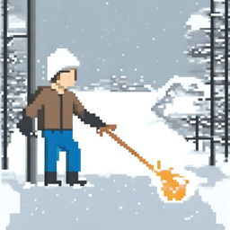 Create a pixel art image of a man shoveling snow, viewed from the front, on a white background