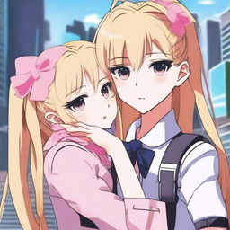 An anime-style image of Sniper Mask from High-Rise Invasion patting a girl with long blond hair