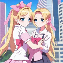 An anime-style image of Sniper Mask from High-Rise Invasion patting a girl with long blond hair