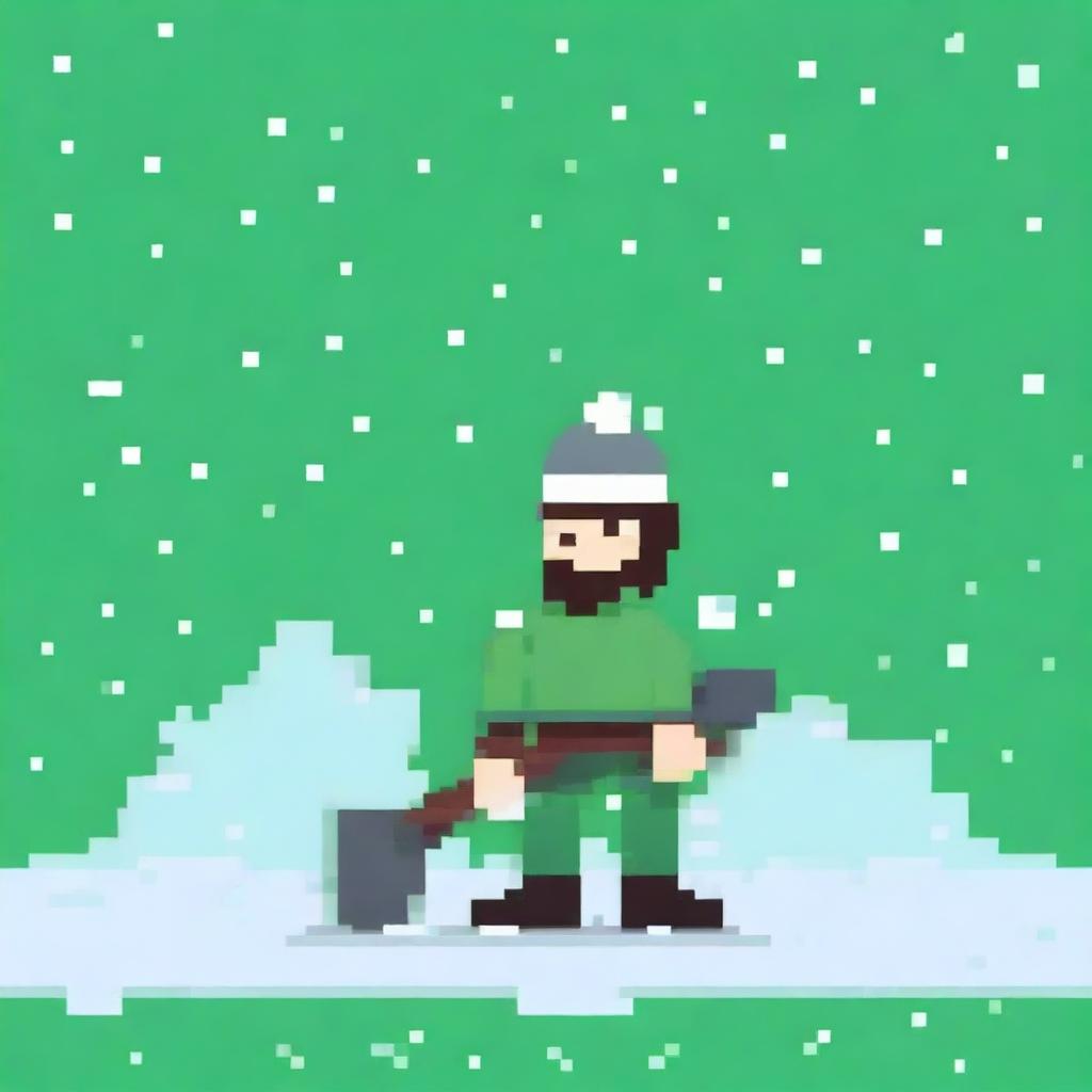 Create a pixel art image of a man shoveling snow, viewed from the front, on a green background