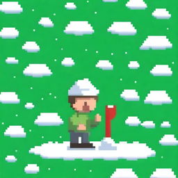 Create a pixel art image of a man shoveling snow, viewed from the front, on a green background