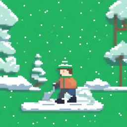 Create a pixel art image of a man shoveling snow, viewed from the front, on a green background