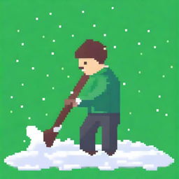 Create a pixel art image of a man shoveling snow, viewed from the front, on a green background