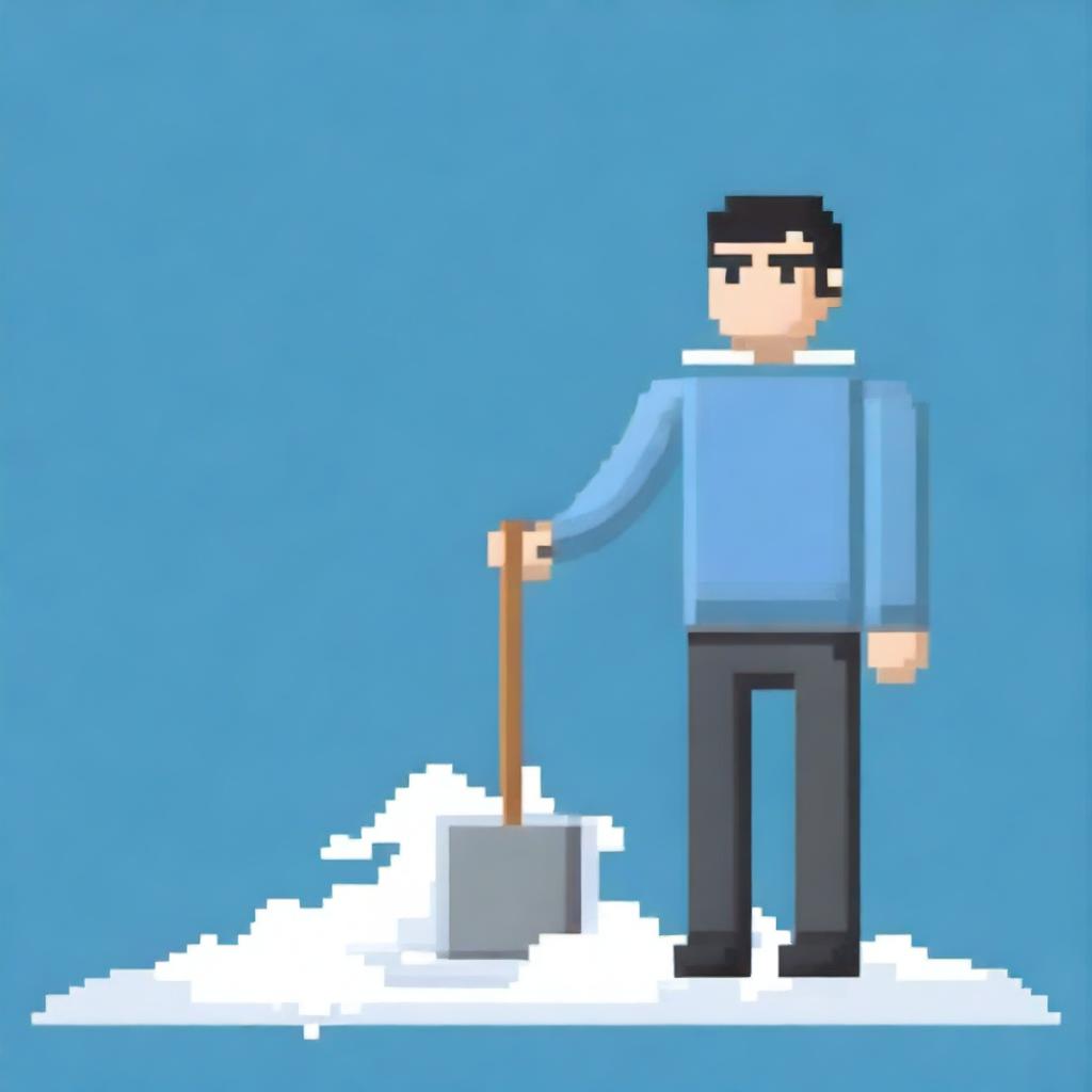 Create a pixel art image of a person wearing a grey sweater and holding a snow shovel, standing on a blue background