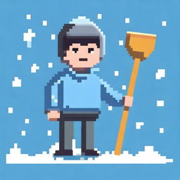 Create a pixel art image of a person wearing a grey sweater and holding a snow shovel, standing on a blue background