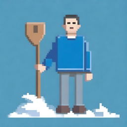 Create a pixel art image of a person wearing a grey sweater and holding a snow shovel, standing on a blue background