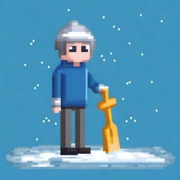 Create a pixel art image of a person wearing a grey sweater and holding a snow shovel, standing on a blue background