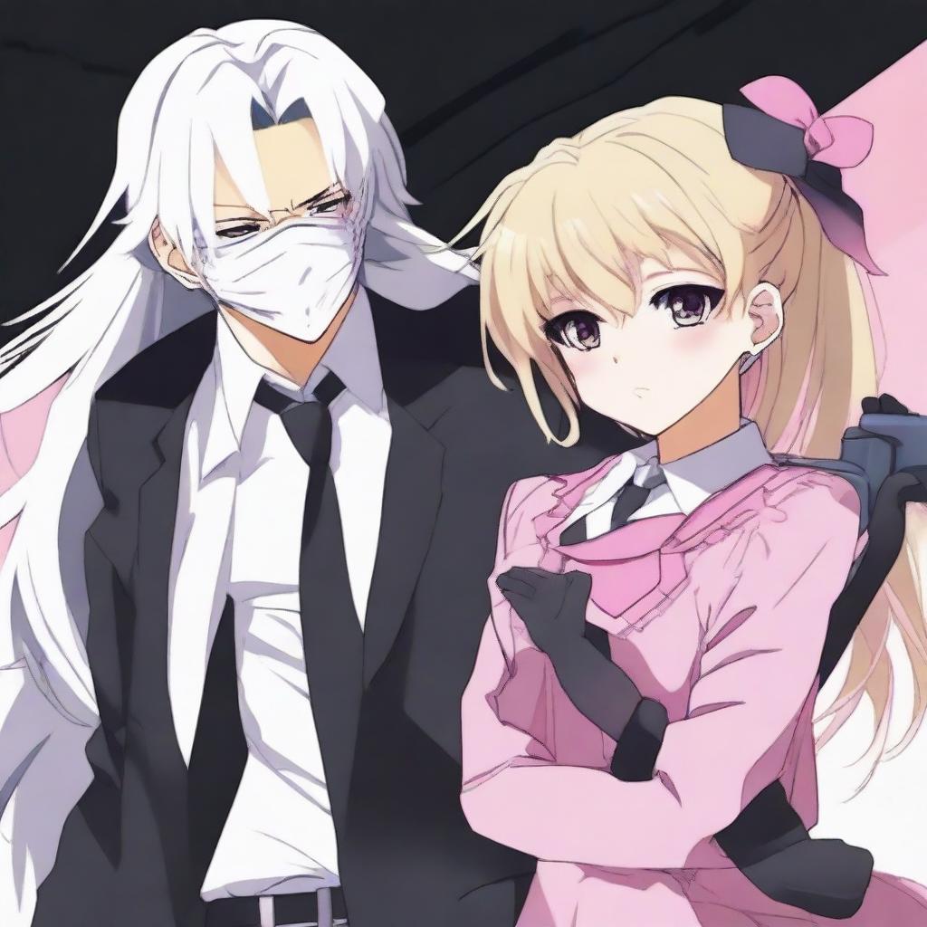 An anime-style image of a man with a white mask that has two black dots as eyes and a smiling mouth