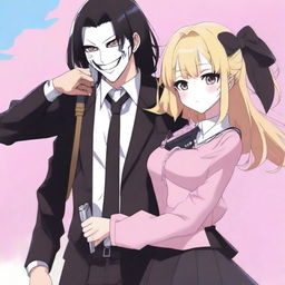 An anime-style image of a man with a white mask that has two black dots as eyes and a smiling mouth