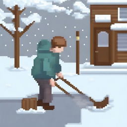 Create a pixel art image featuring a rustic man shoveling snow